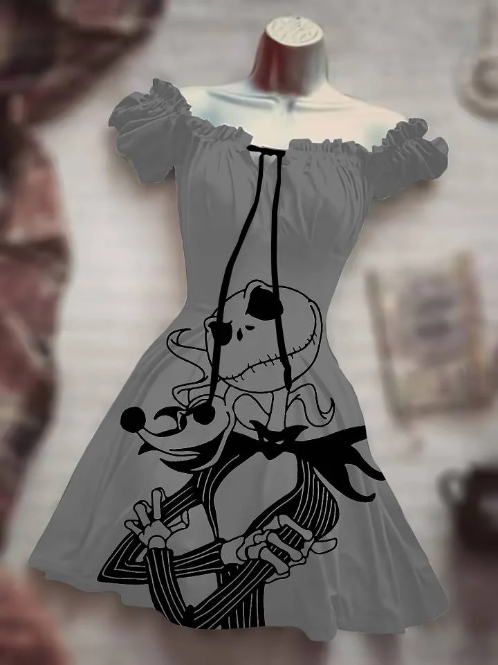 

2023 Hot Selling Terror Ghost Skeleton Forest Halloween Black Dress Hawaiian Bohemian Dress Black 3D