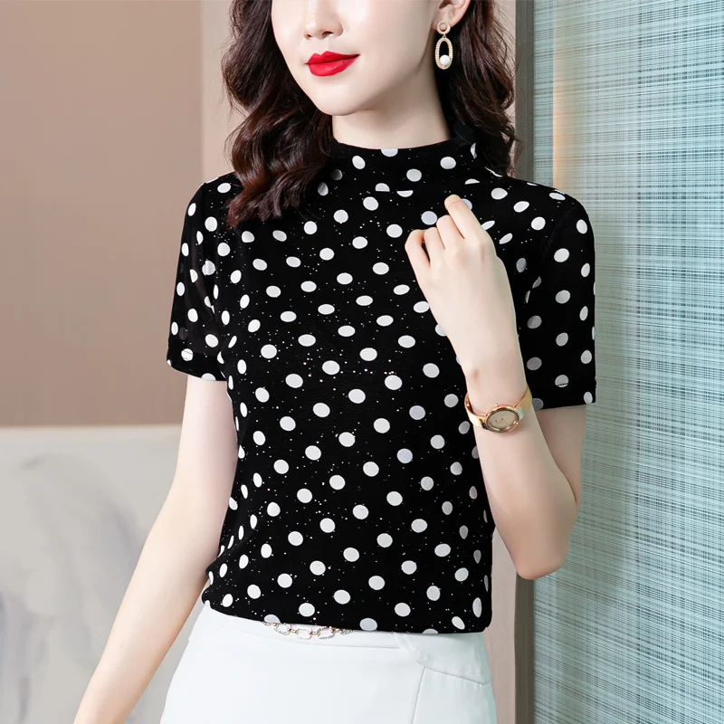 

#1524 Short Sleeve T Shirt Women Black Printed T Shirt Female Elegant Office Lady Short Tshirt Skinny Womens Tshirt Thin Summer