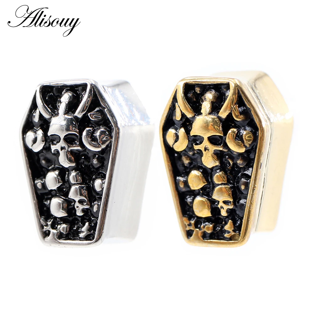 Alisouy 2PCS New Stainless Steel Skeleton Coffin Hexagon Skull Ear Tunnels Plugs Expander Stretcher Gauges Body Piercing Jewelry