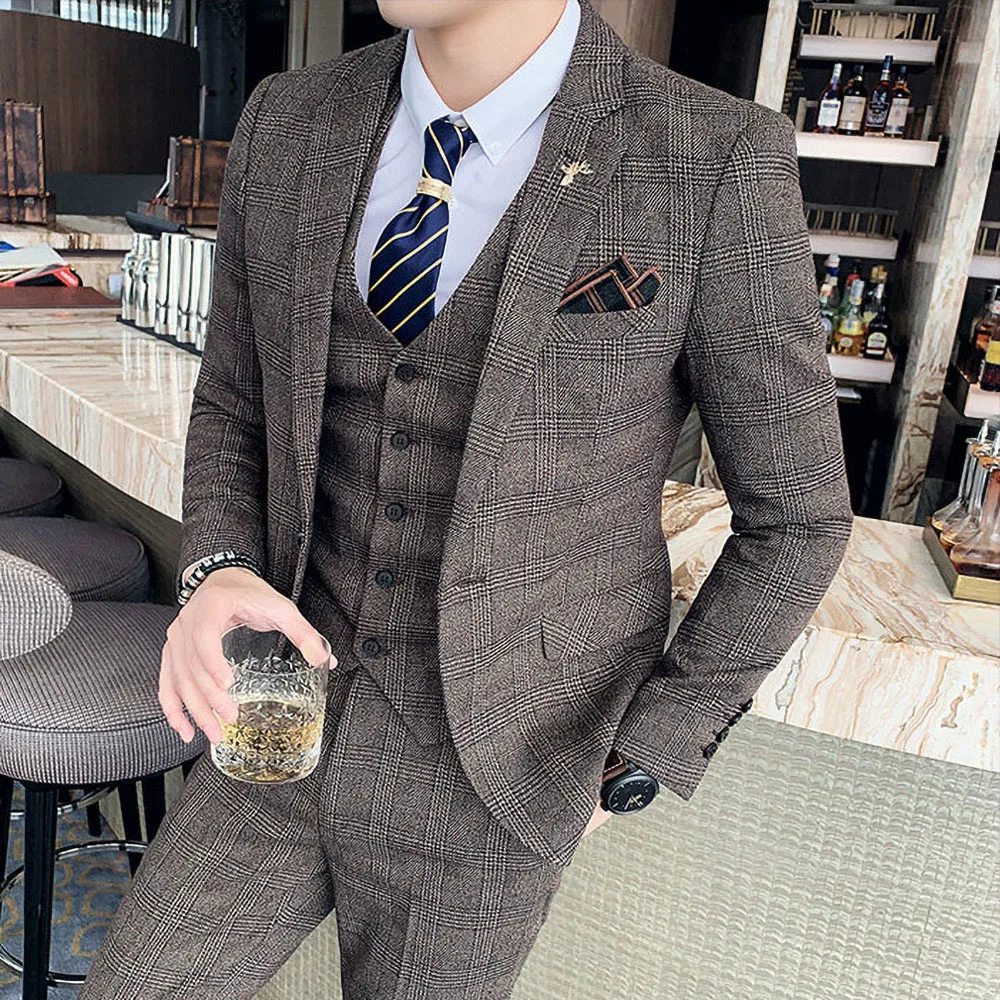

Мужской костюм из трех предметов, Новый Модный облегающий Британский клетчатый костюм, свадебное платье, деловое повседневное и официальное платье