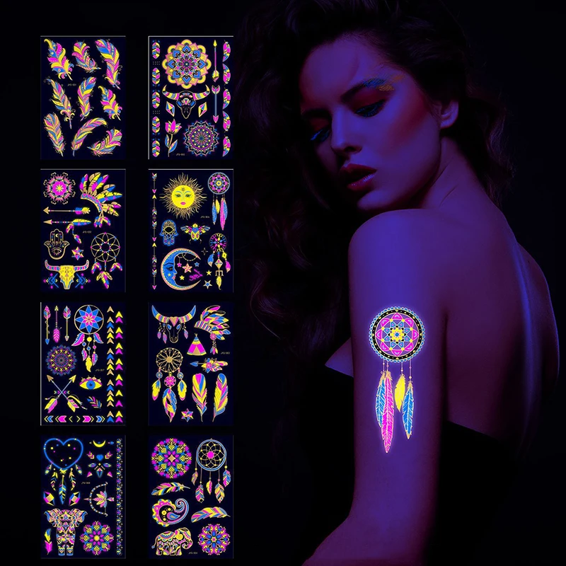 

Fake Tattoo Woman Fluorescent Bronzing Flower Feather Arm Tattoo Face Stickers Waterproof Halloween Party Shining Bright Sticker