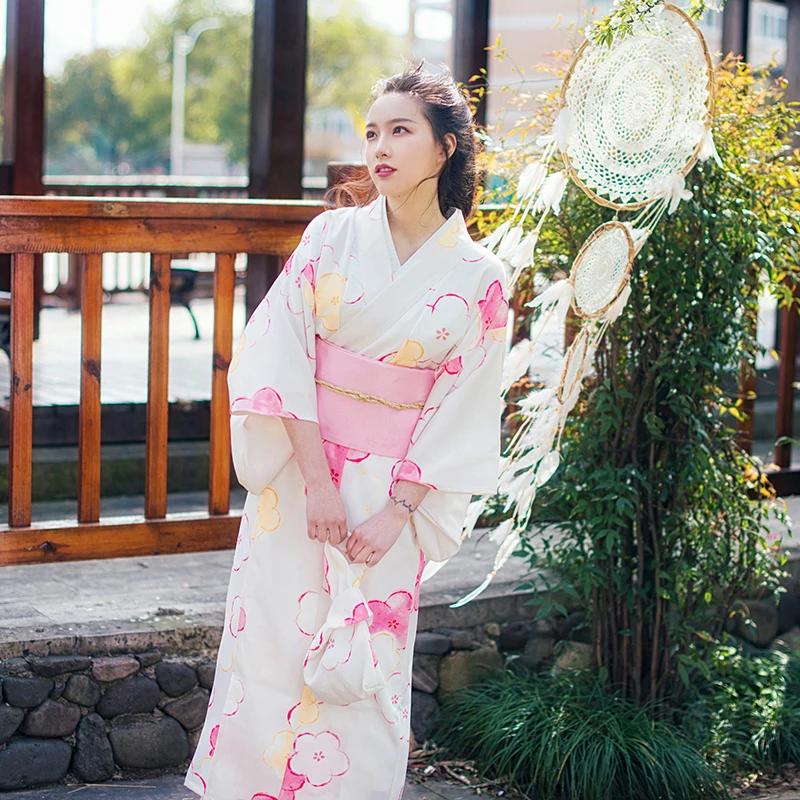 

Kawaii Pink Floral Printed Yukata Robe Japanese Girls Picking Kimono Dress Summer Nightgown Haori Free Toe Socks And Handbag
