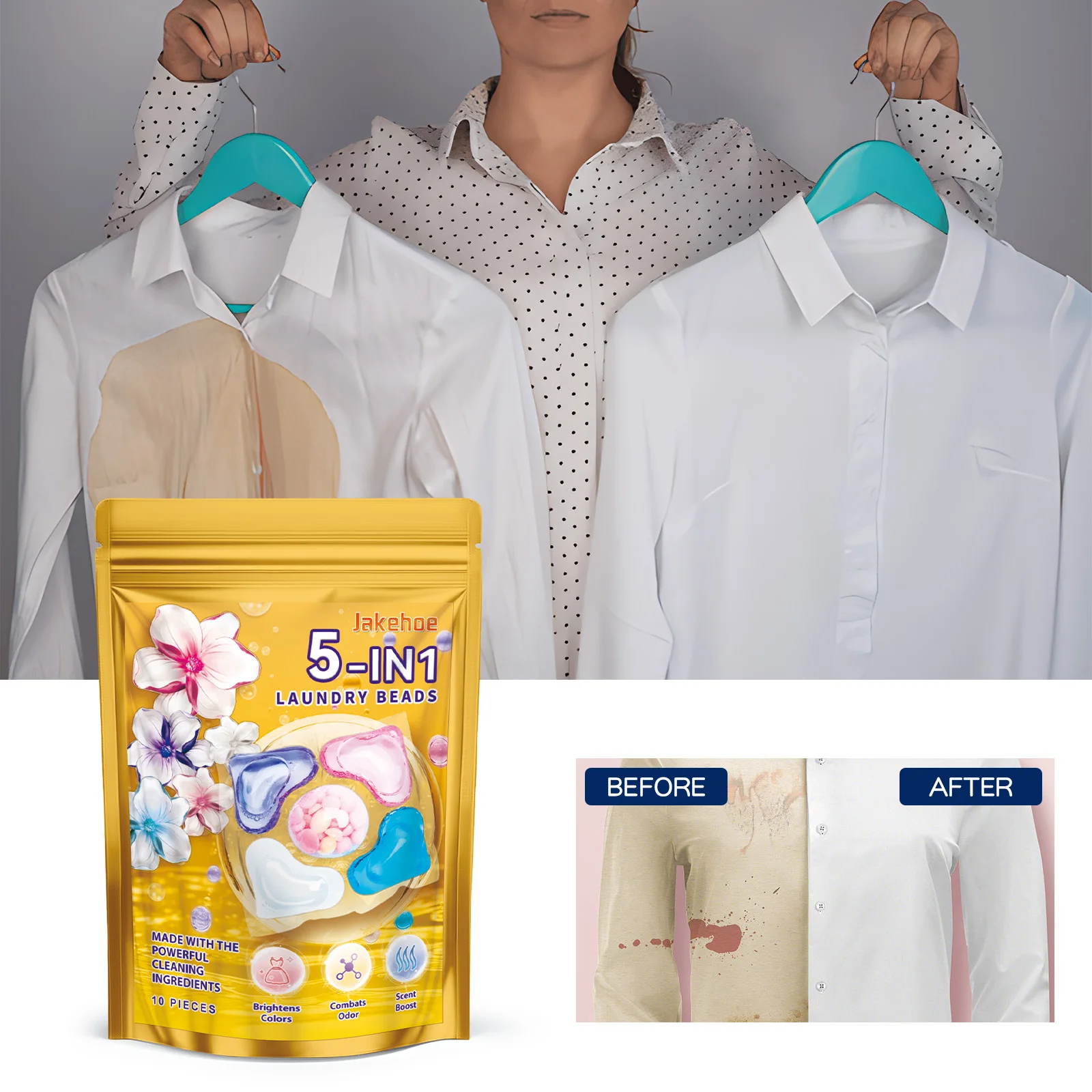 Jakehoe 10 шт. пакетик для стирки геля 5 в 1 очистки пятен стойкого аромата и гладких