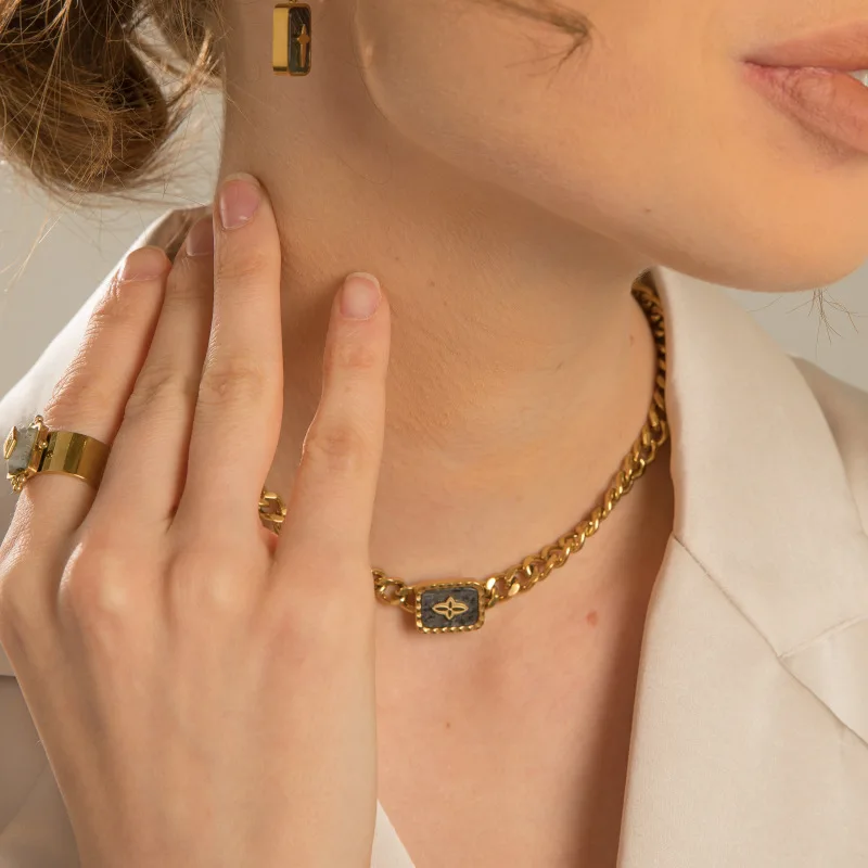 

GD Trendy Stainless Steel Necklace for Women Real Gold Plated Cuban Chain Natural Stone Neck Chains Fashion Accessories