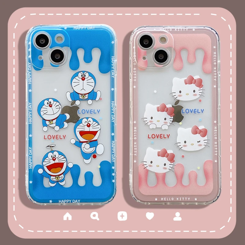 

Bandai Cute Doraemon and Hello Kitty Phone Case for iPhone 13 12 11 Pro Max Xs Xr X XsMax 8 7 Plus High Quality Cover