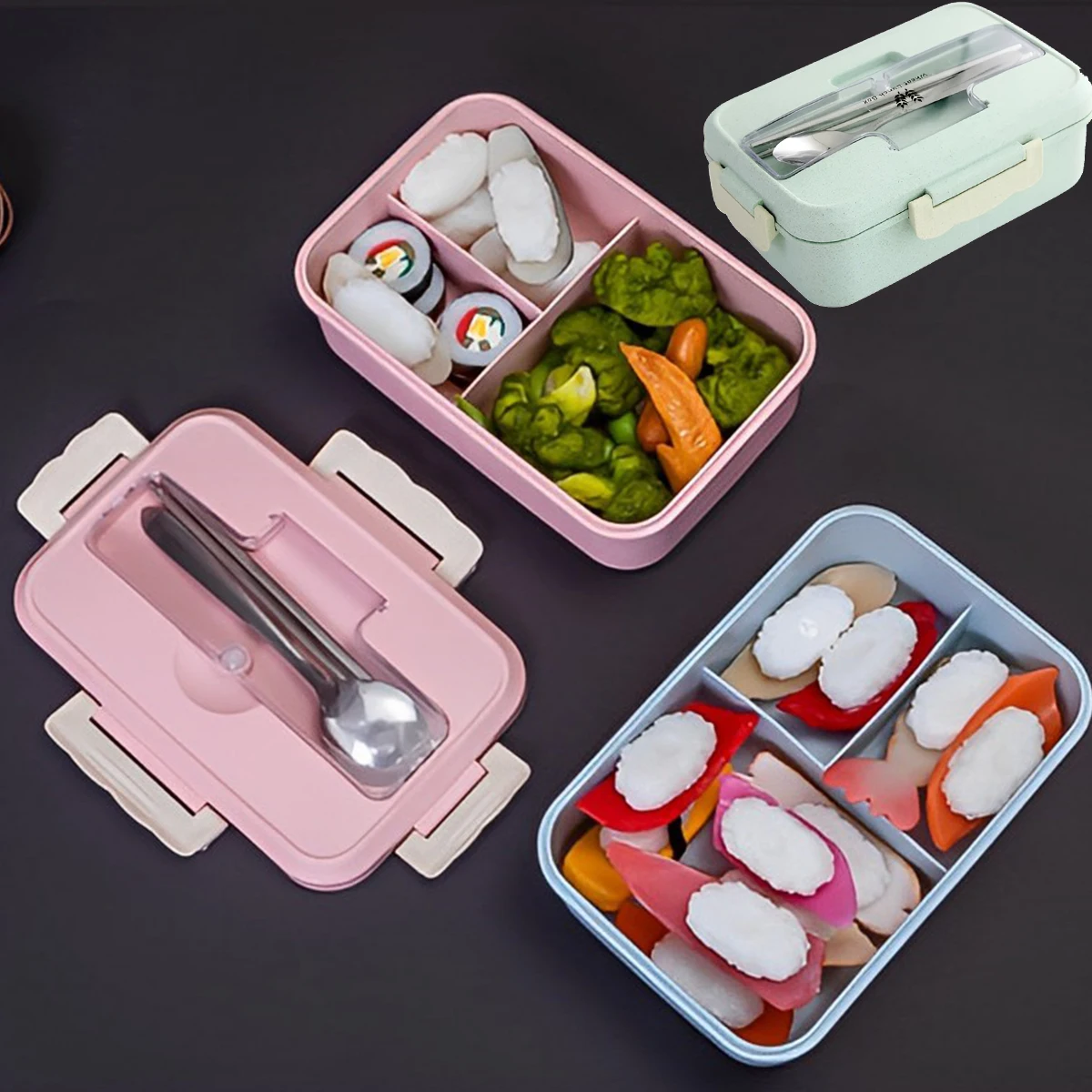 

Детский Ланч-бокс Bento, портативный контейнер для еды с 3 отделениями, герметичные контейнеры для еды, BPA