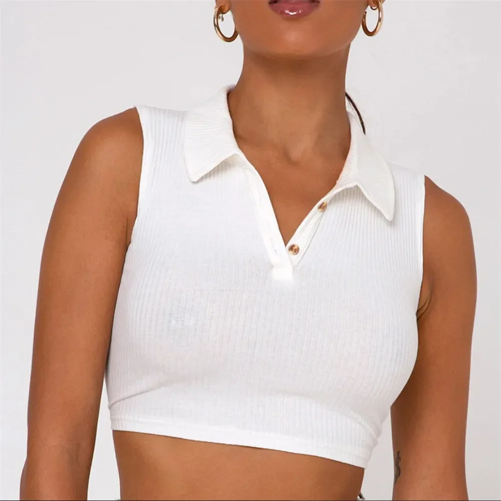 

Women Summer Sexy Buttons Knitted Tank Temperament Creative Camisole Lapel Solid Color Sleeveless Slim Fit Crop Top
