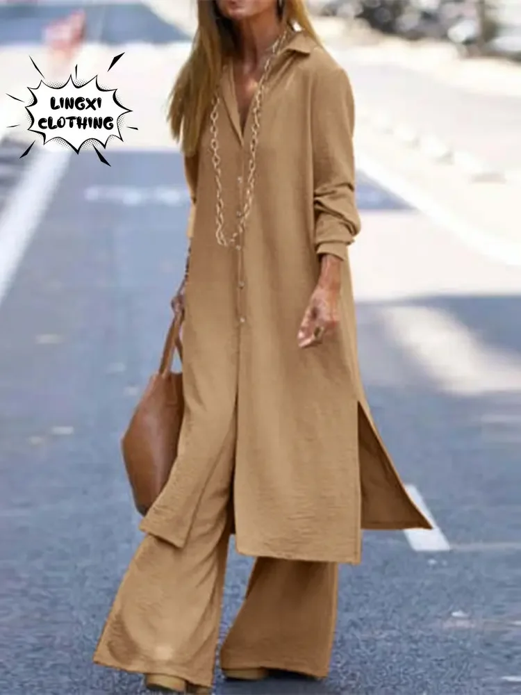 Элегантный длинный женский комплект с платьем на шнуровке и широкими брюками в