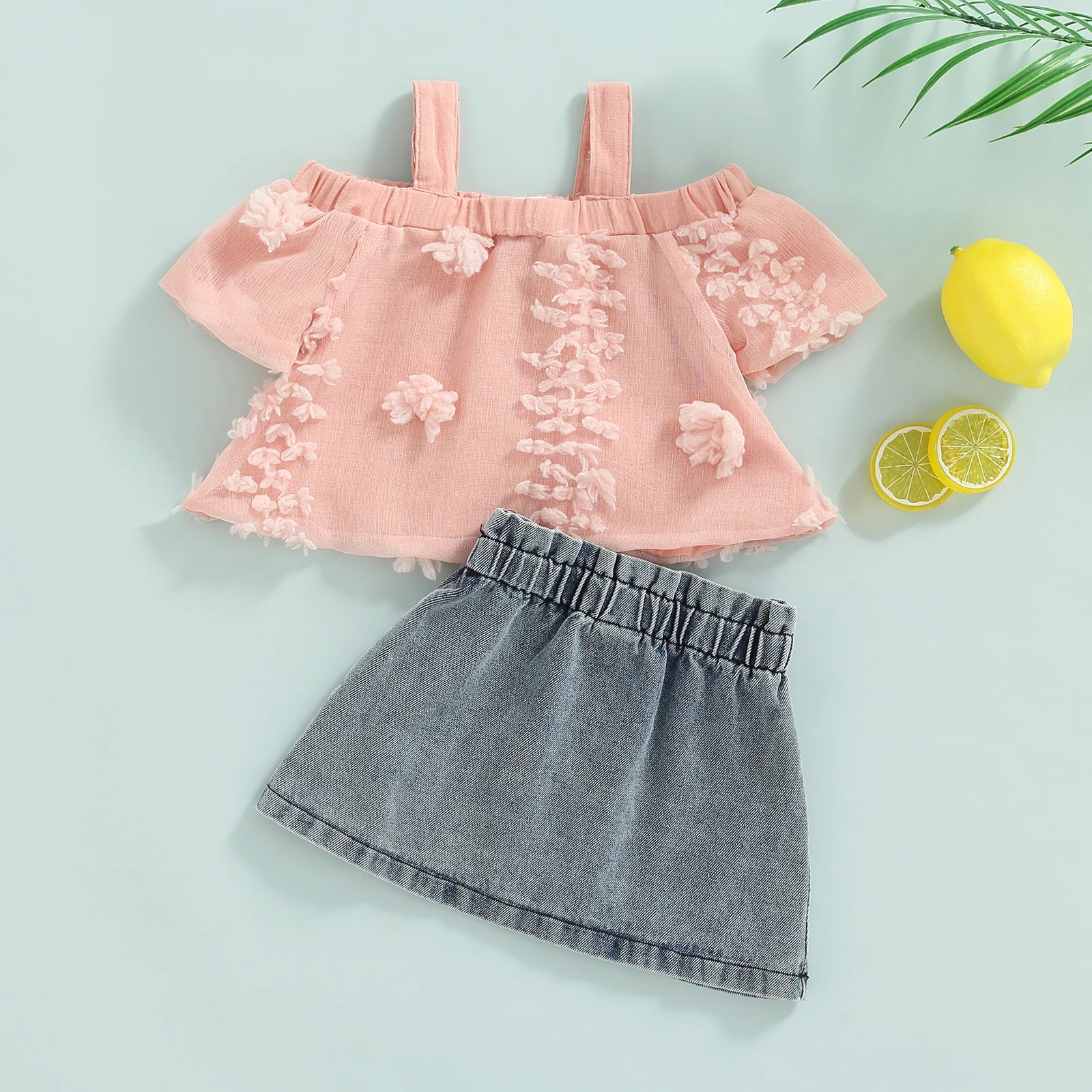 

Kids Girl Short Sleeve Tops + Denim Skirts Set Flower Pattern Elastic Waist Brushed Tops A-line Skirts Outfit Summer Clothing
