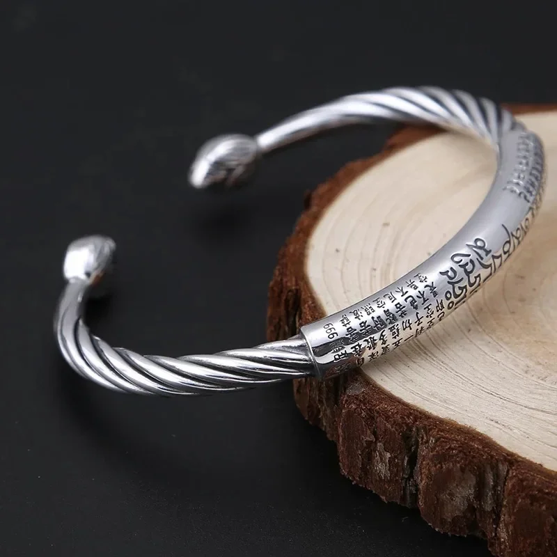 Модный мужской серебряный Открытый браслет с индийским лотосом гравировкой