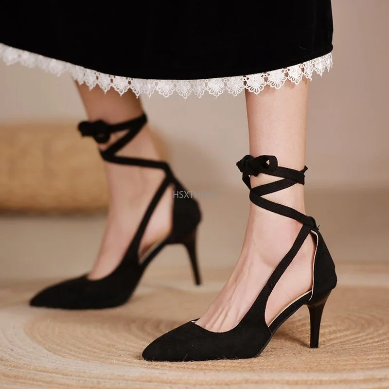 

Sexy Suede High Heels Ankle Strap Size 35-42 New Black Gladiator Sandals Pointed Toe Thin Heels Women's Shoes Bandage sandals