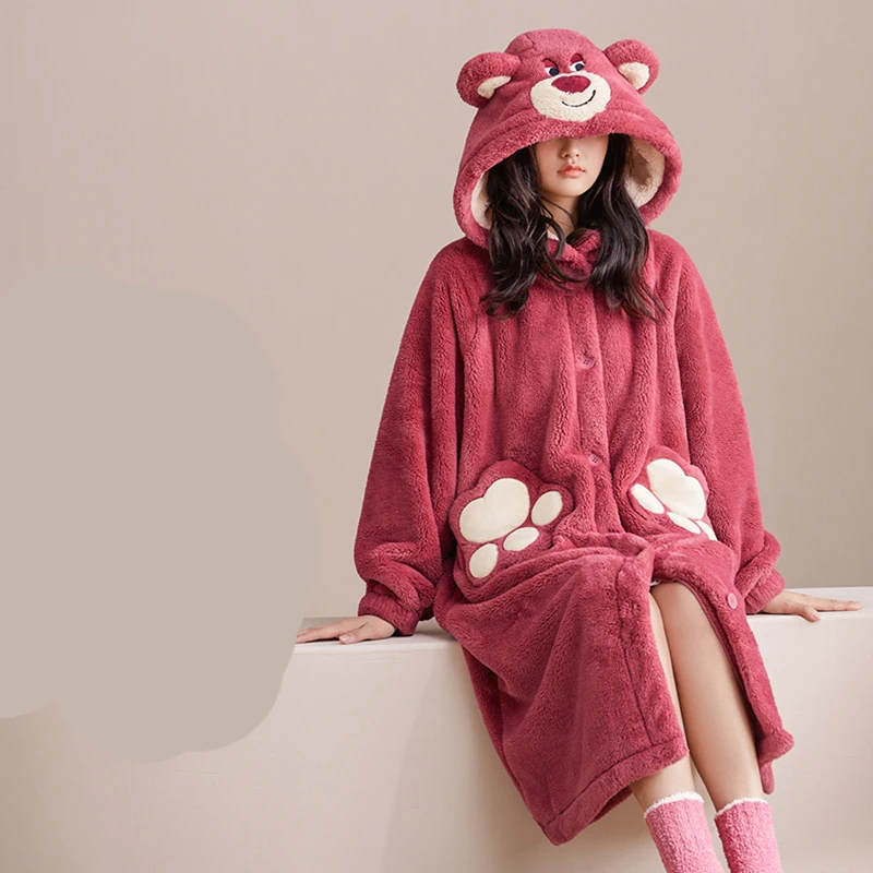 Women's Winter Thin Nightgown Length To Lower Leg Polyester Warm Comfortable Strawberry Bear Leisure Wear With Two Big Pockets