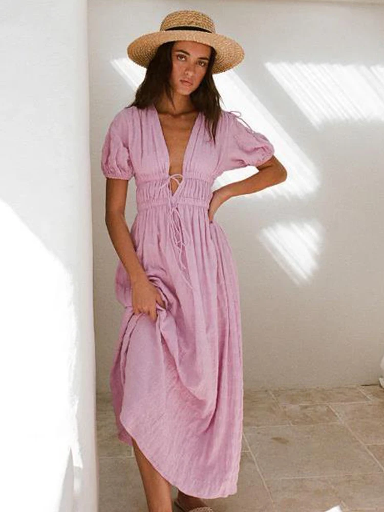 Летние платья Mikydely длиной до щиколотки с пышными рукавами и V-образным вырезом