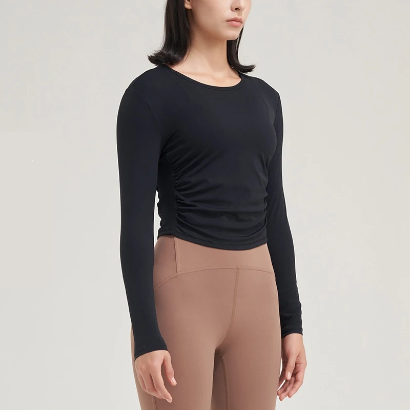 Solid Color Women Sports Tops Round Neck Long Sleeve Yoga Shirts Tight Thin Waist Folds Fitness T-shirt Gym Workout Sportswear