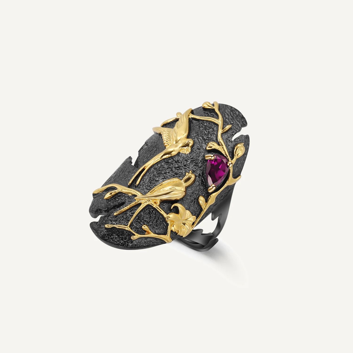 

GEM'S BALLET Nature Rhodolite Garnet Adjustable Cocktail Rings For Women 925 Sterling Silver Handmade Golden Bird Art Jewelry