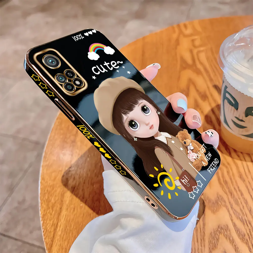 

For Xiaomi MI 10T Pro 5G 10 Lite 9T 9 8 Luxury Square Case Cartoon Girls Plating Soft TPU Cover Shockproof Cases