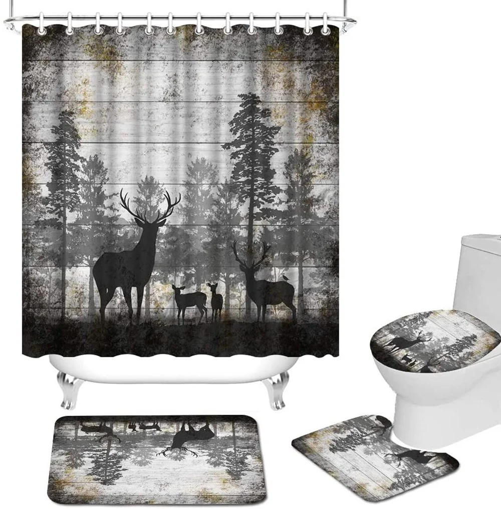 

Shower Curtain Sets Bathroom Deer Wooden Board Forest Vintage Animal Bath Curtains Set Non-Slip Rug Toilet Lid Cover Baths Mats