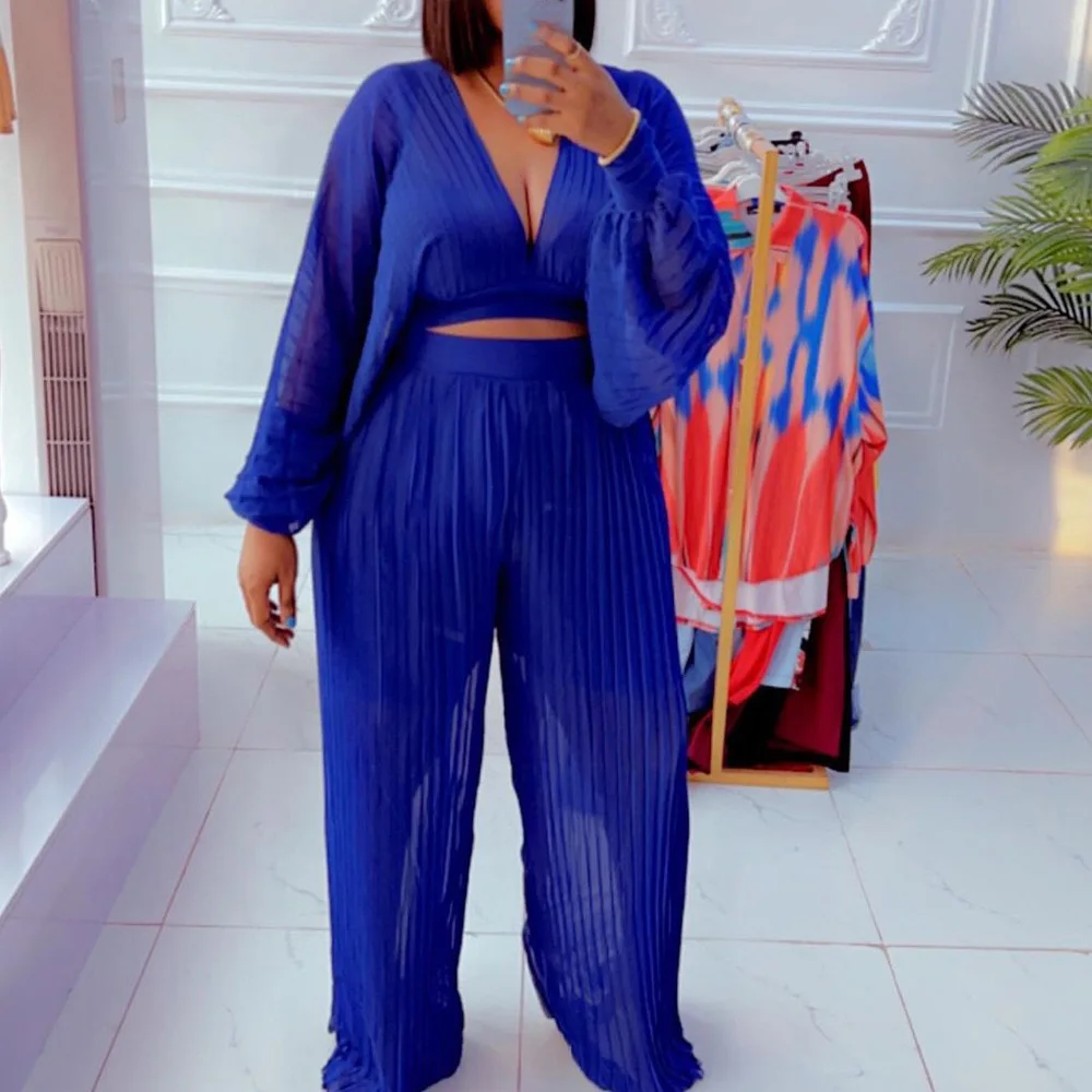 

2022 Summer New Chiffon Pleated Pants Sets for Women Solid Blouse & Long Trousers Fashion Elegant High Street Wear Matching Sets