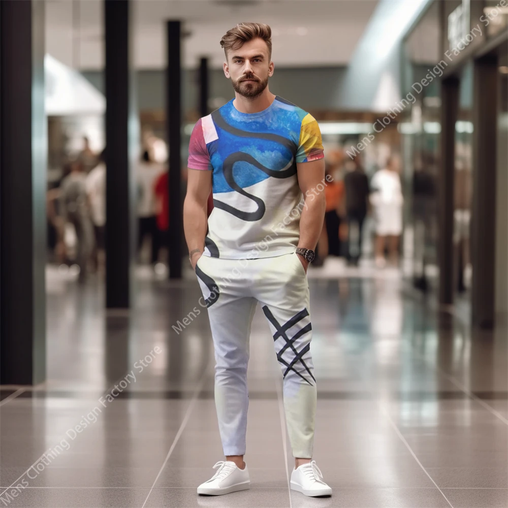 2023 Short Sleeve T-Shirt+Pants Tracksuit Men Two Piece Set Men's Clothing Fashion Graffiti Printed Casual Men's Sweat-Shirt Set