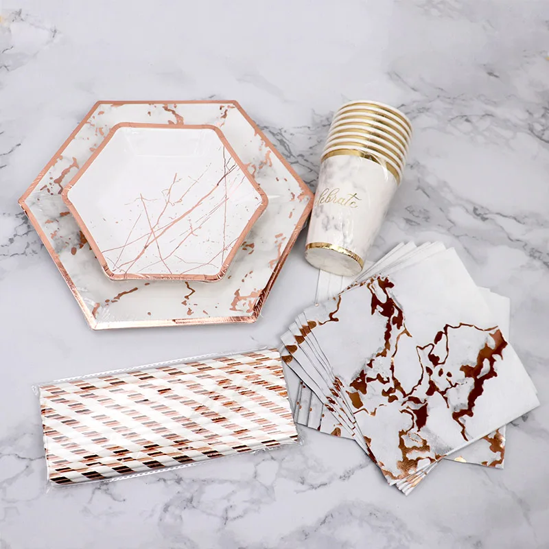 

Rose Gold Marble Disposable Tableware Paper Plates Cups Drinking Straws Napkins Birthday Decoration Baby Shower Party Supplies