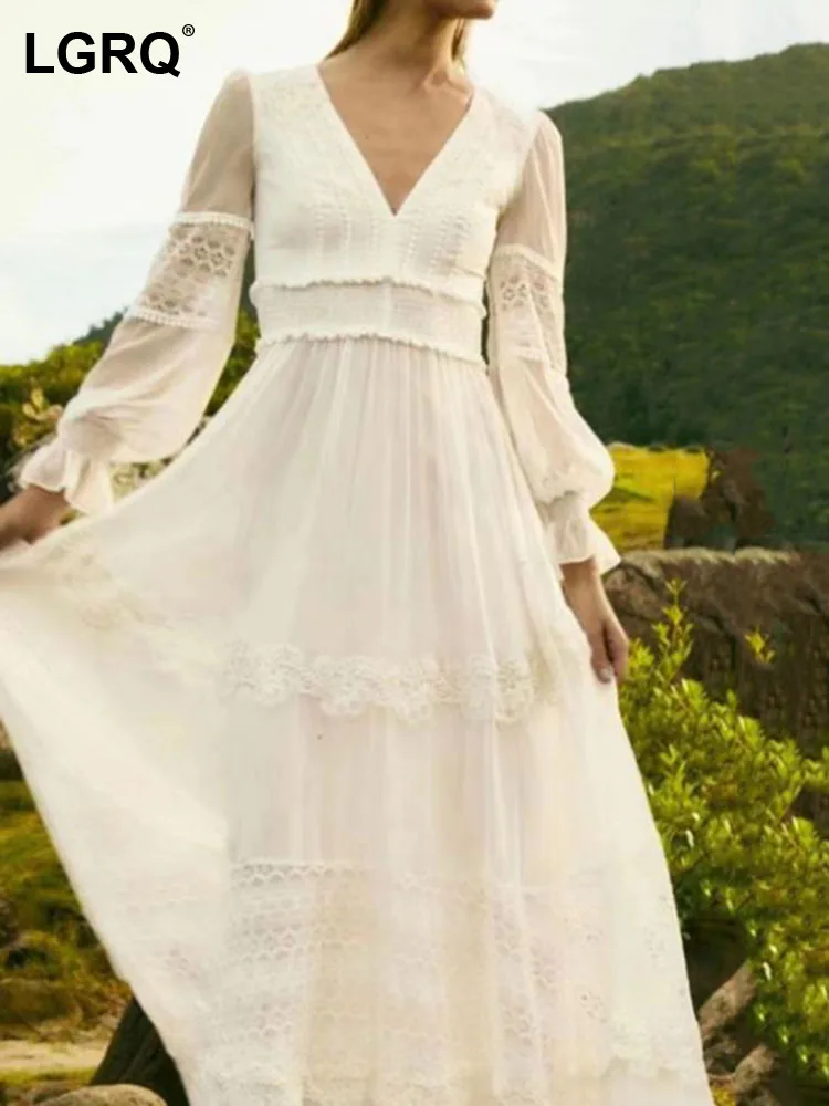 

LGRQ Fashion Women's Dress New V-Neck Patchwork Lantern Sleeve Slim Lace Floor-length Party Dresses Female Autumn 2022 19J336