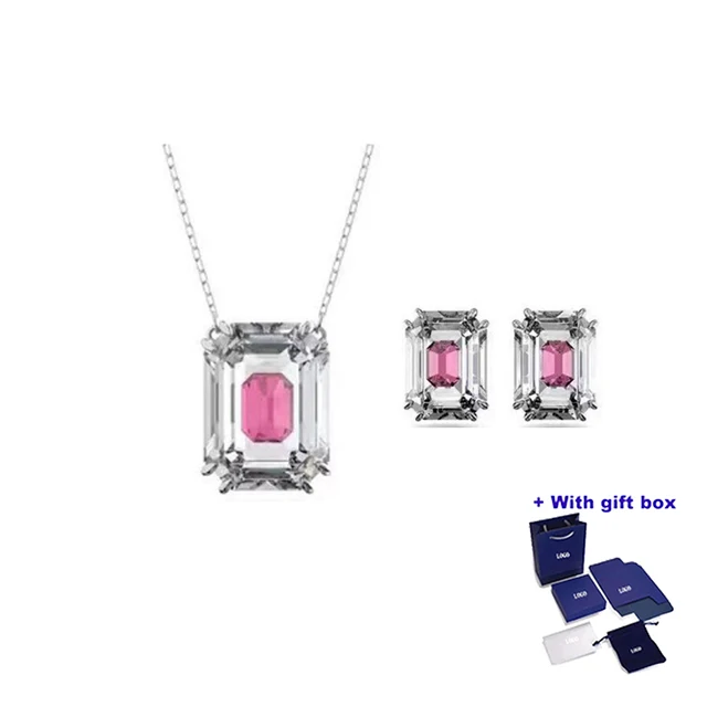 

S High Quality Jewelry Pink Clear Color Crystal Brilliant Necklace Earrings Women Jewelry Set, Delivery Gift Box Free Shipping