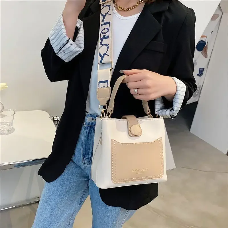 

Fashion Women Small Bucket Tote Bags Luxury Handbags Wide Strap Female PU Leather Shoulder Bag Lady Crossbody Messenger Bag