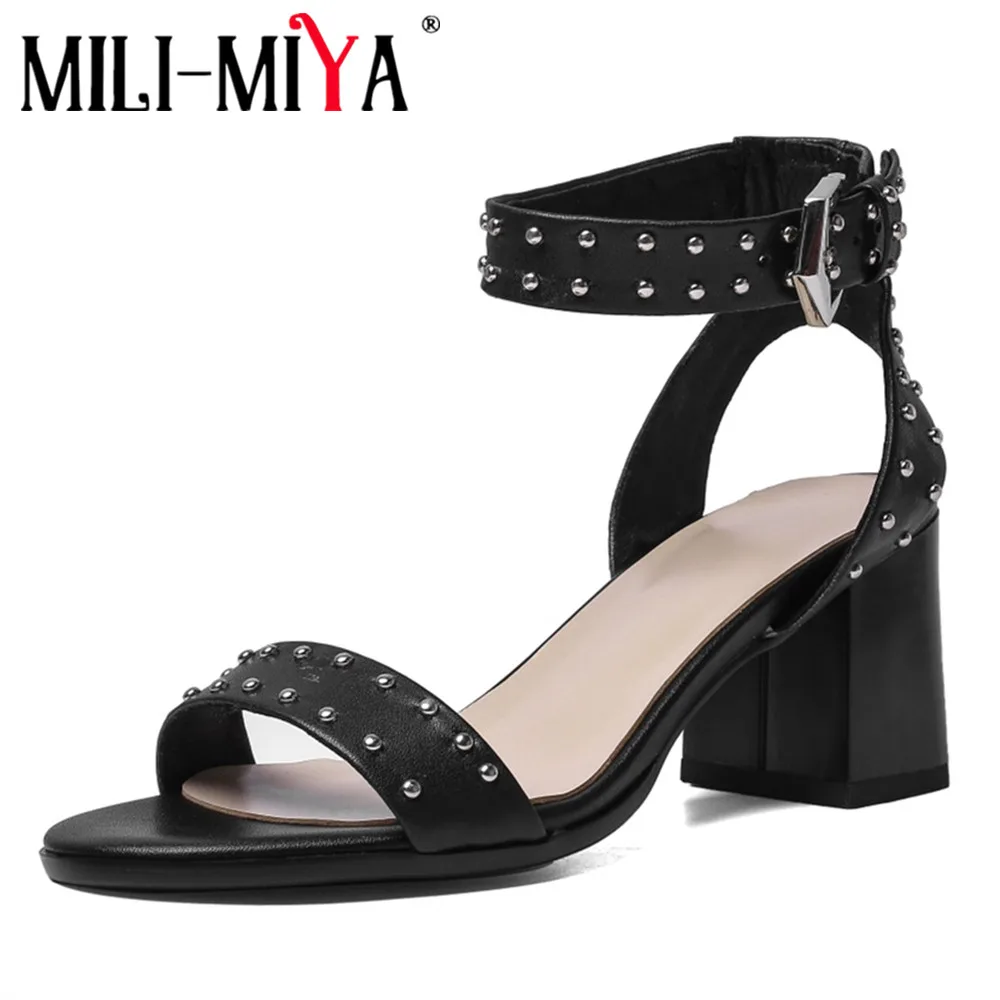 

MILI-MIYA Fashion Rivet Concise Design Women Cow Leather Sandals Ankle Wrap Thick Heels Round Toe Dress Party Summer Shoes