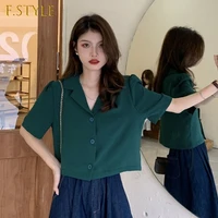 shirts women cropped short sleeve blouses single breasted retro notched hong kong style design leisure tops female daily summer