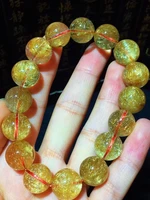 natural gold rutilated quartz crystal clear round beads bracelet 13 5mm woman men jewelry fashion rutilated stone aaaaa