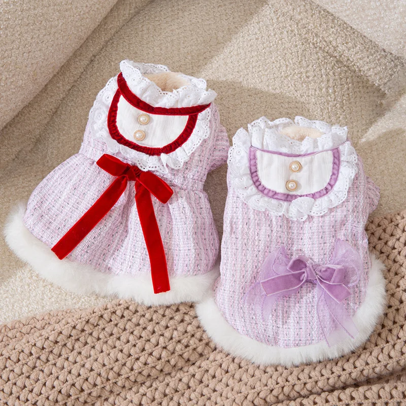 

Одежда для собак и домашних животных, кружевная юбка принцессы с бантом, одежда для собак и кошек, маленькая Милая зимняя бархатная теплая М...