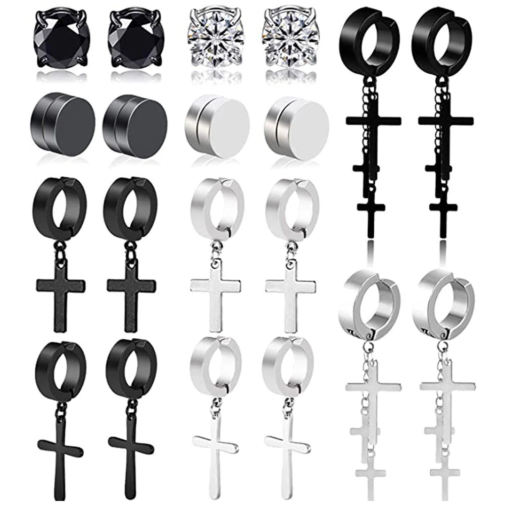 10 Pairs Unisex Stainless Steel Magnetic Earrings for Men Women CZ Clip on Non Pierced Dangle Earrings Set