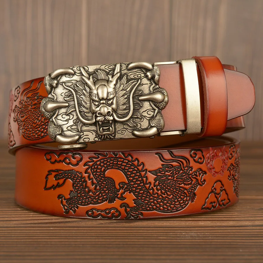 

Men Belt Genuine Leather New High Quality Cowhide Handmade Men Waistbands Chinese Dragon Pressed Straps Male Designer Belts