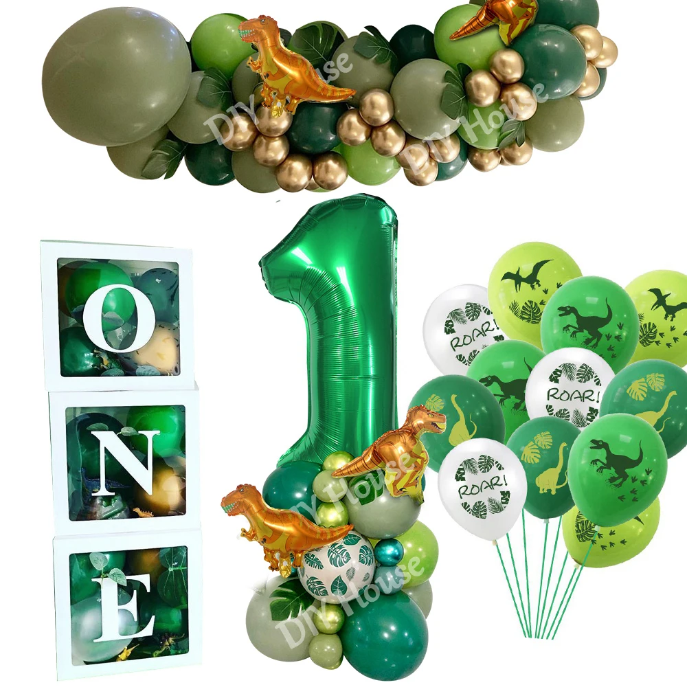 

1SET Carton Dinosaur Balloon Tower with Green Number Balloon for Boy's Dinosaur Themed Happy Birthday Party Decorations DIY Gift