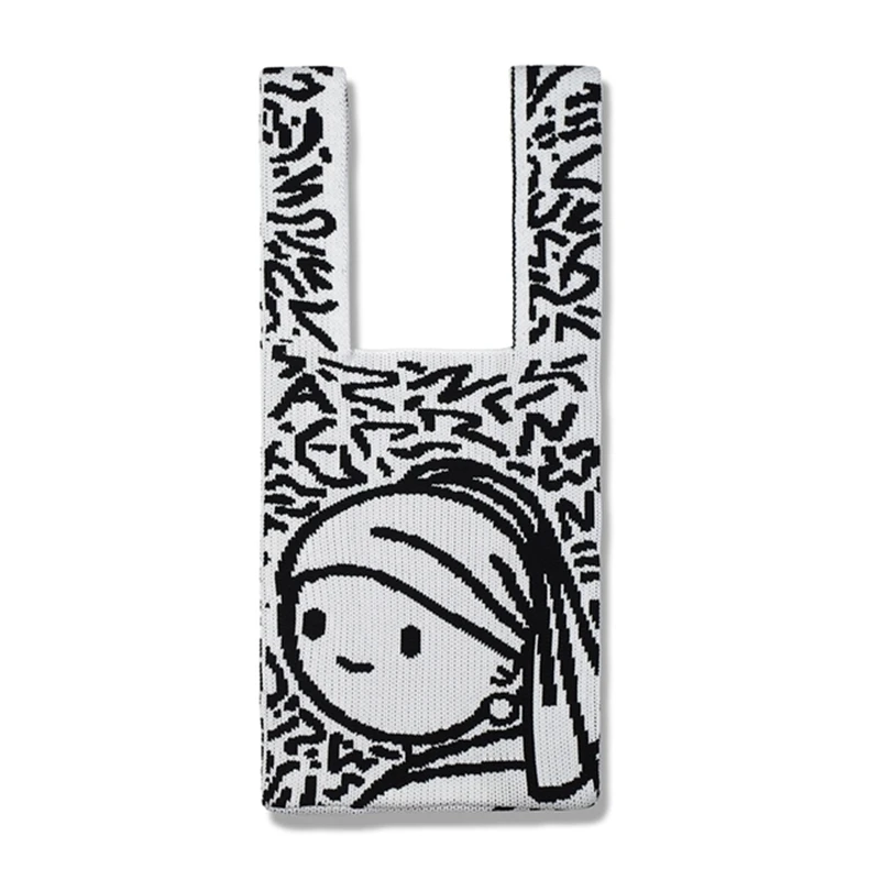 

Female Crochet Knitted Yarn Girl with A Pearl Earring Handbag Teenager Winter Ins Fashion Vintage Vest Shape Open Shopping Tote