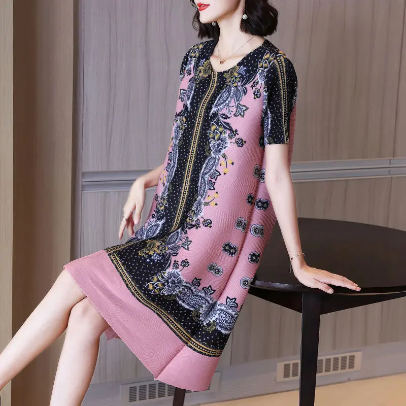 

High-end foreign air printing age-proof fat mm large size women's A word skirt middle-aged mother summer dress new casual tops