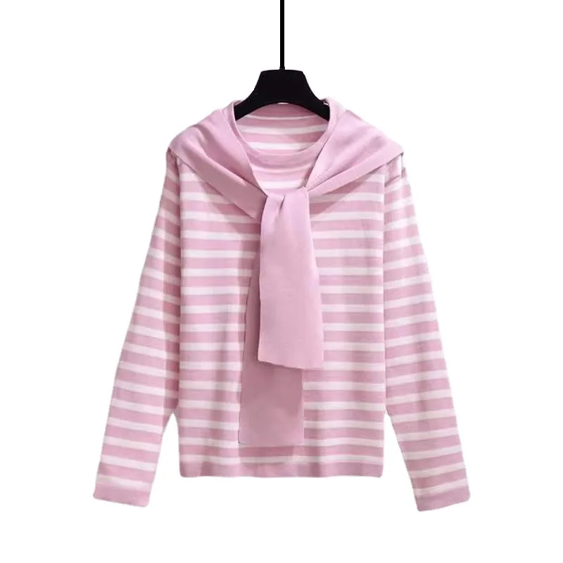 

Women's Striped Long Sleeve Shirt for Autumn Casual Skinny O-neck Scarf Knitted Tops for Female elegant Outwear Bottoming Blouse