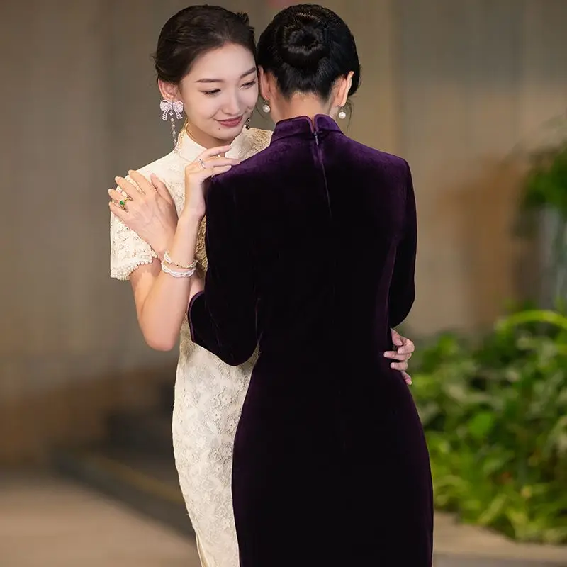 Платье-Ципао для гостей свадебной вечеринки бархатная юбка