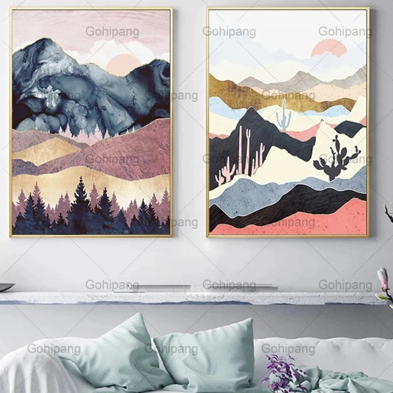 

Nordic Landscape Bohoo Decor Bohemia Poster Wall Art Print Canvas Painting Abstract Sun and Plateau Pictures for Bedroom