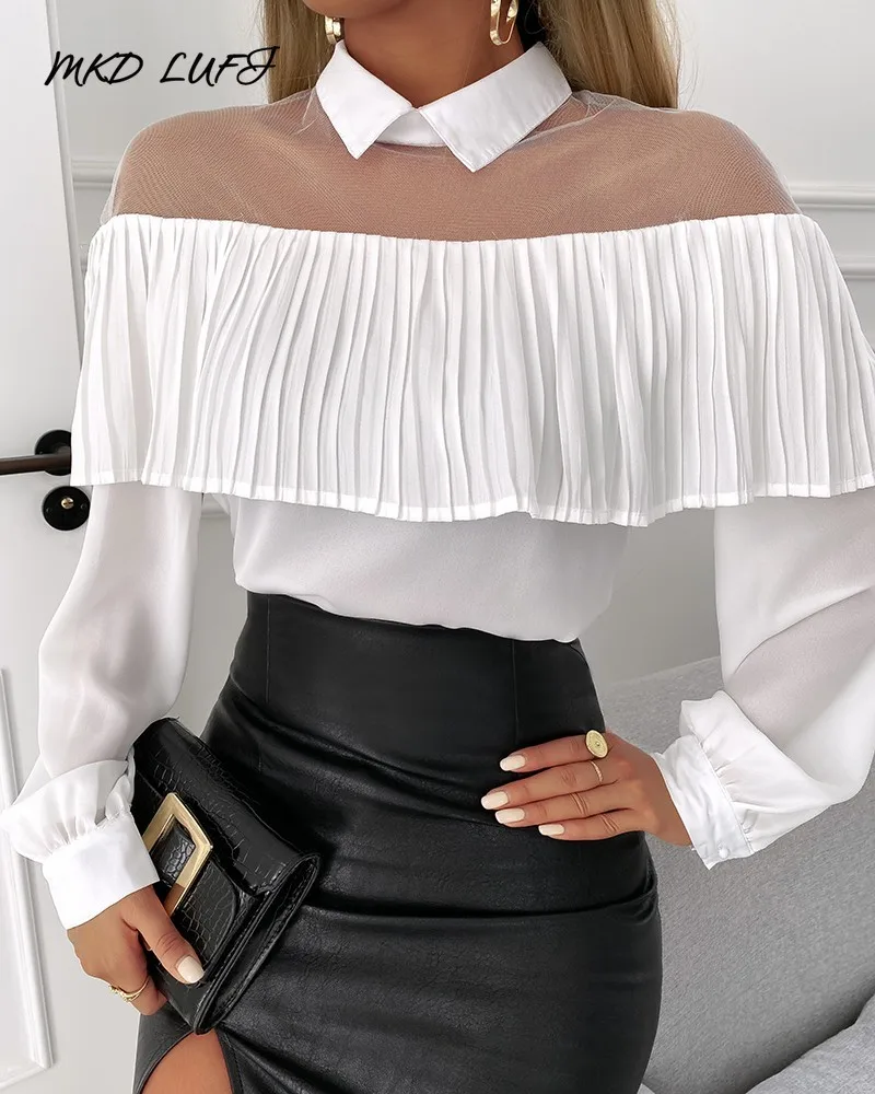 

MKDLUFI Ruffles Hem Sheer Mesh Long Sleeve Top