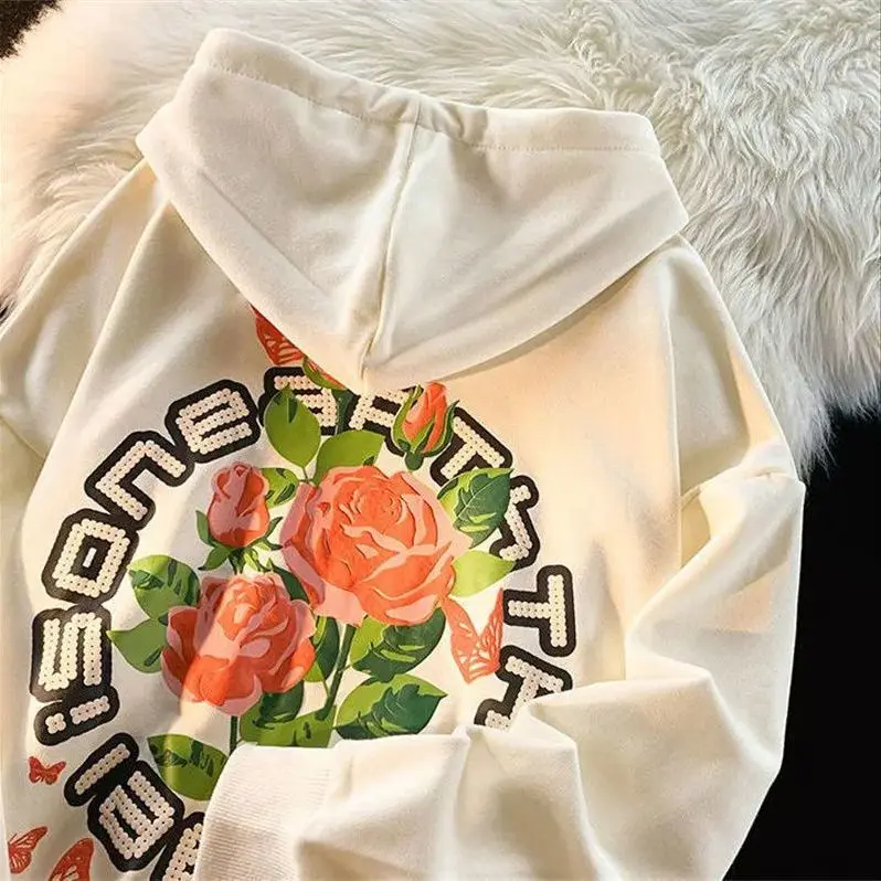 

Толстовка с капюшоном в стиле Харадзюку, свободная уличная куртка с капюшоном и принтом в виде ярких роз, бархатная куртка в стиле ретро, бол...