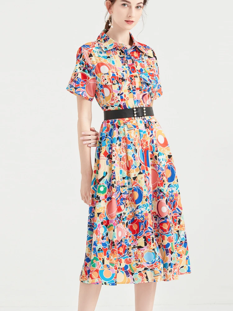 

Live Shot Summer Women Lapel Neck Dress Ladies Single Breasted Color Letter Printed Short Sleeves Knee-length A-line Retro Dress