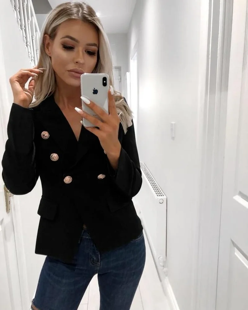 Women Solid Colors Slim Blazer Double Breasted Casual Office Blazer With Fake Pocket 2021 Oversize Work Wear Formal Clothing