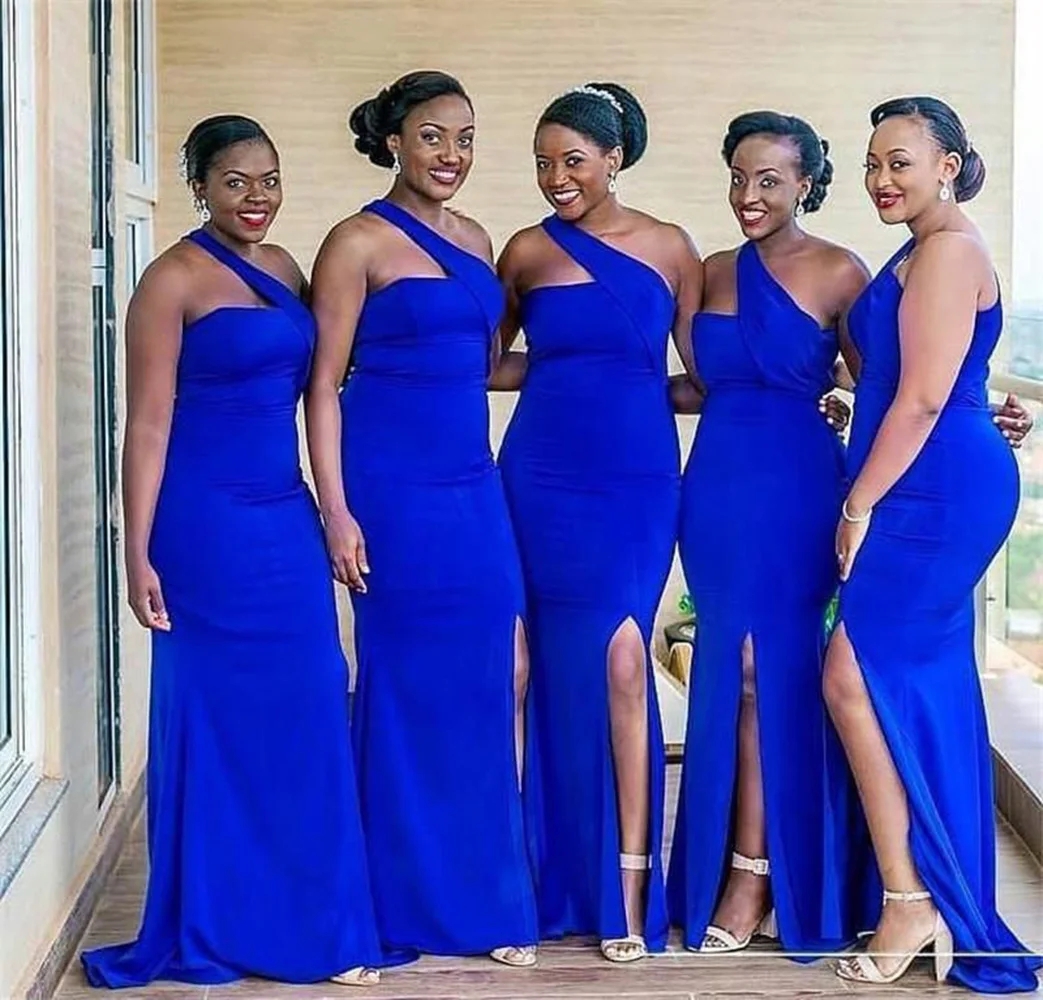 

Royal Blue Plus Size Mermaid Bridesmaid Dresses One Shoulder Pleated Satin Side Split Sweep Train