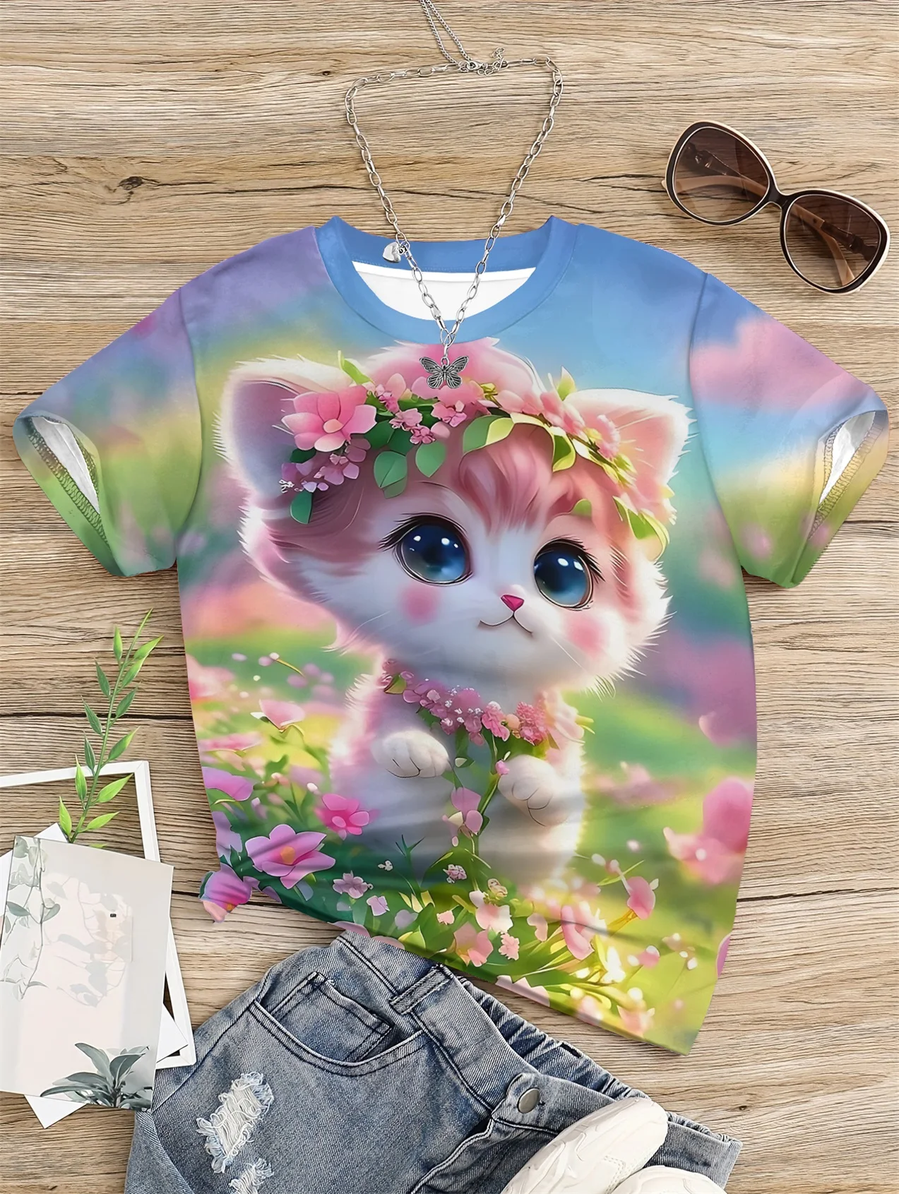 Красочная футбольная рубашка с принтом котенка для девочек 5-14 лет повседневный