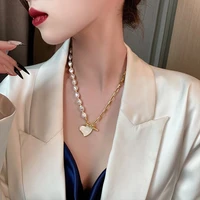 clavicle chain for woman heart shaped pendant jewelry imitation baroque pearl titanium steel necklace fashion girls sexy
