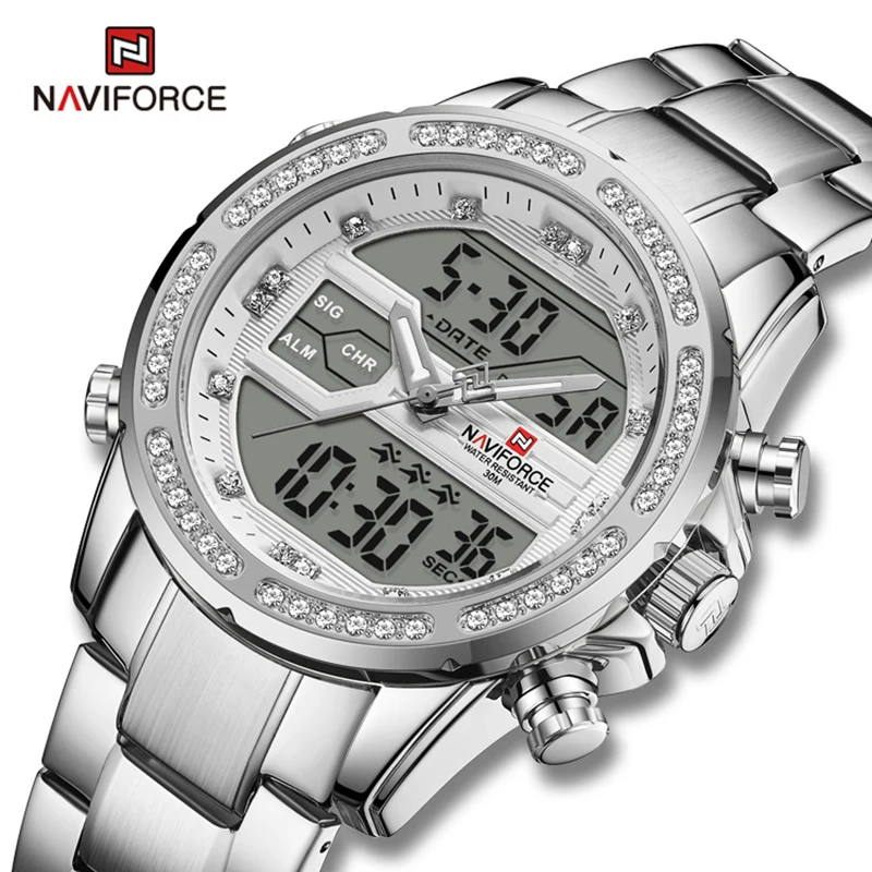 

Часы NAVIFORCE Мужские кварцевые, серебристые цифровые светящиеся с отображением недели, водонепроницаемые деловые точные наручные часы