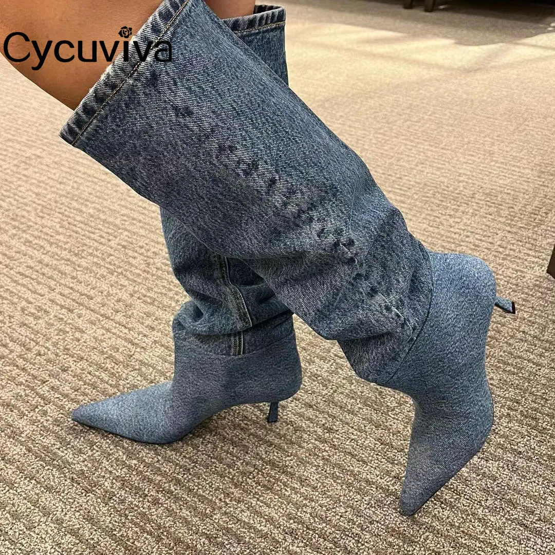 

Дизайнерские Брендовые джинсовые длинные сапоги, женские сапоги до колена на тонком высоком каблуке, привлекательная Праздничная обувь с острым носком, женские сапоги 2022