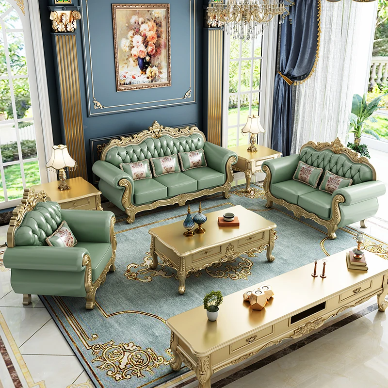 

European sofa combination 123 living room full leather solid wood American furniture large family first floor cowhide sofa