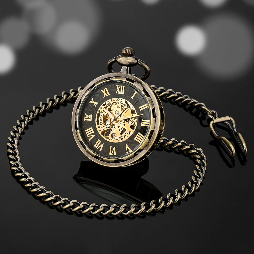 Hand-Wind Mechanical Pocket Watch Skeleton Roman Numeral Dial Vintage Black/Bronze/Silver Pendant Clock for Men Birthday Gifts